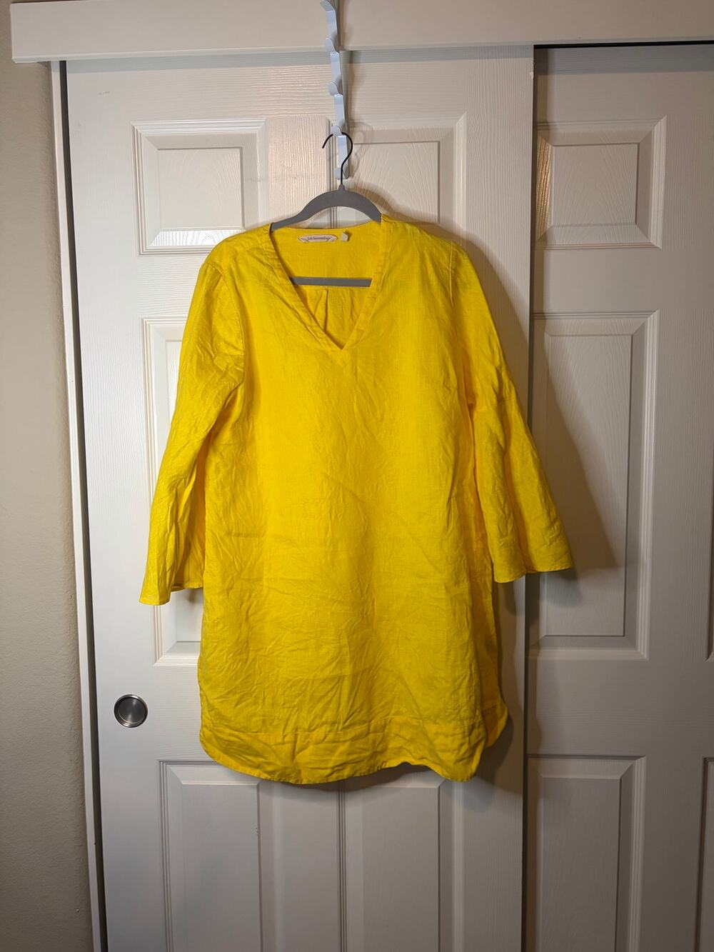 Wmns Soft Surroundings Yellow Linen 3/4 Sleeve Mini Swim Cover PXL